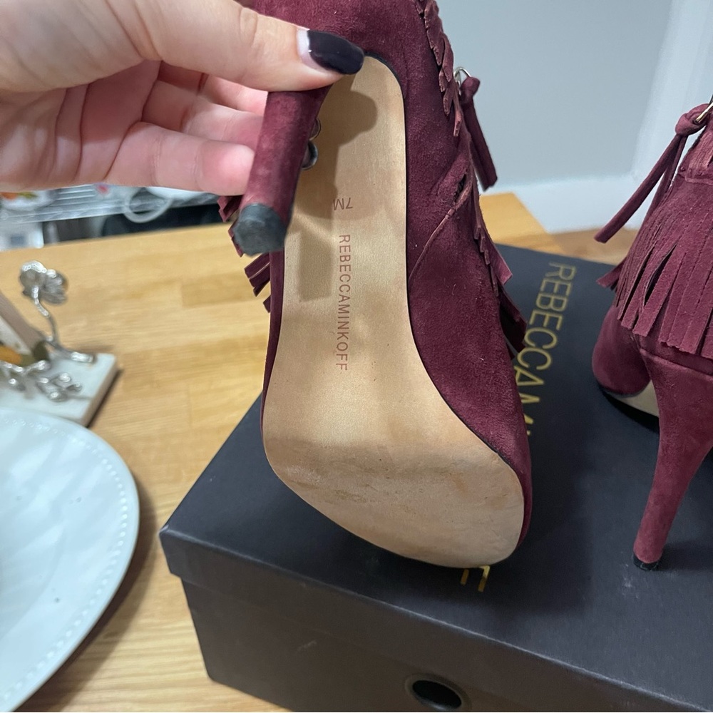 Rebecca Minkoff Women's Rio Fringe Open Toe Booties, Port - Picture 7 of 10